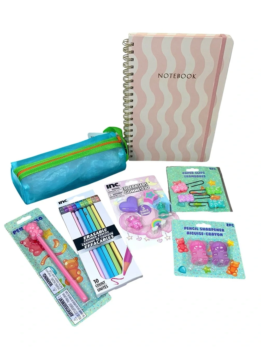 Pink Spiral Notebook & Blue Pencil Case Stationery Set